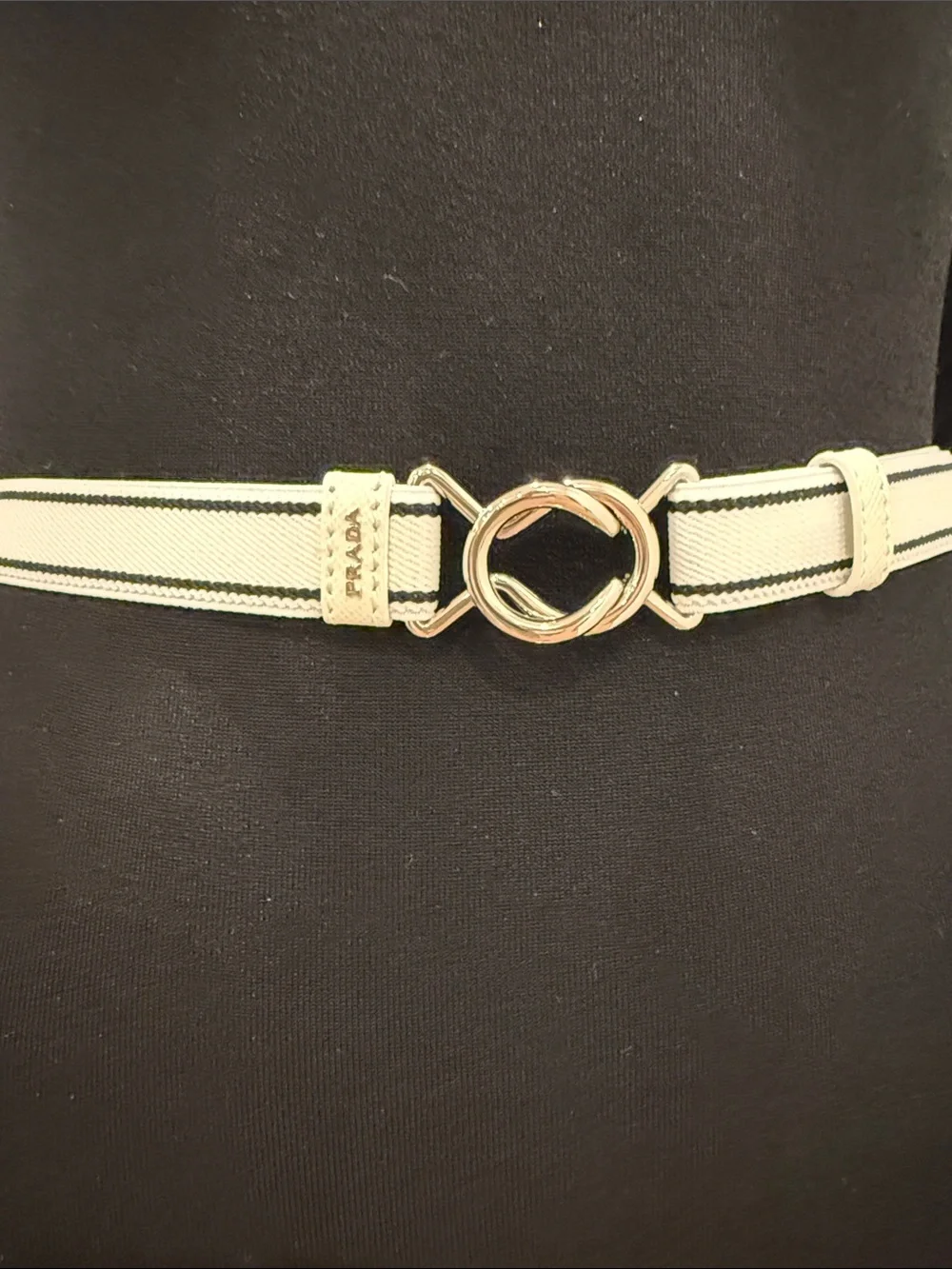Prada Milano Adjustable Web Belt White Navy Stripe Silver Buckle Size 40 NEW